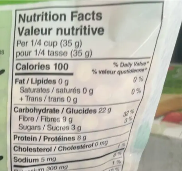 Split Yellow Peas nutrition facts table