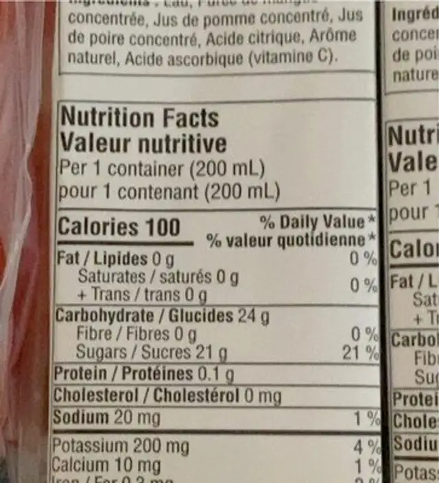 Mango juice blend nutrition facts table