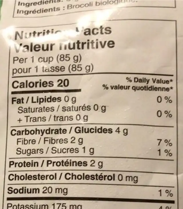 Fleurons de brocoli nutrition facts table