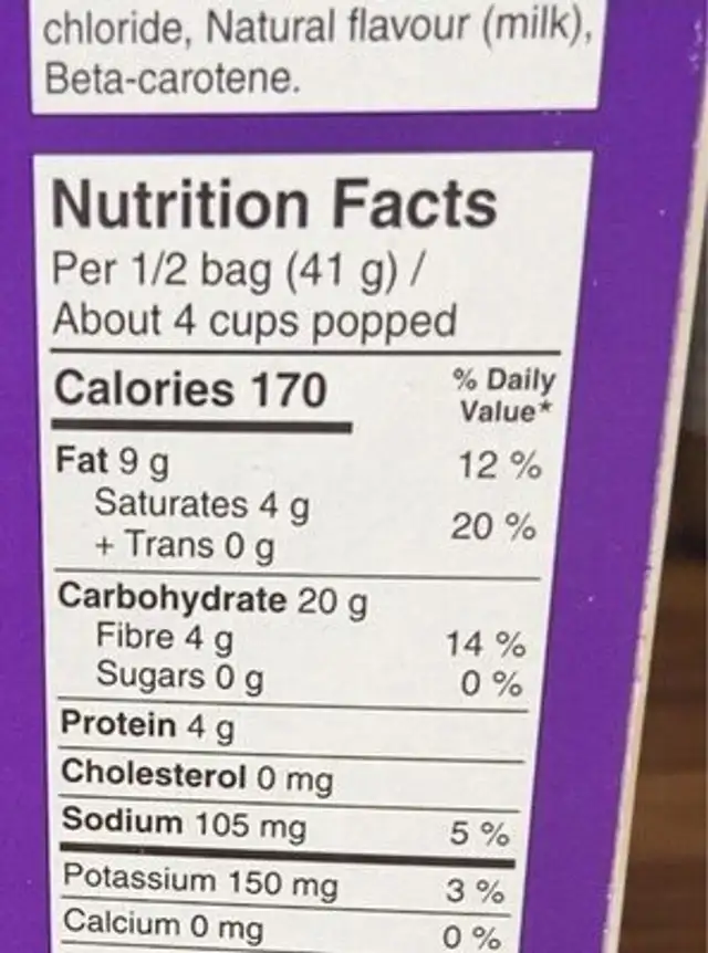 Purple kernel nutrition facts table