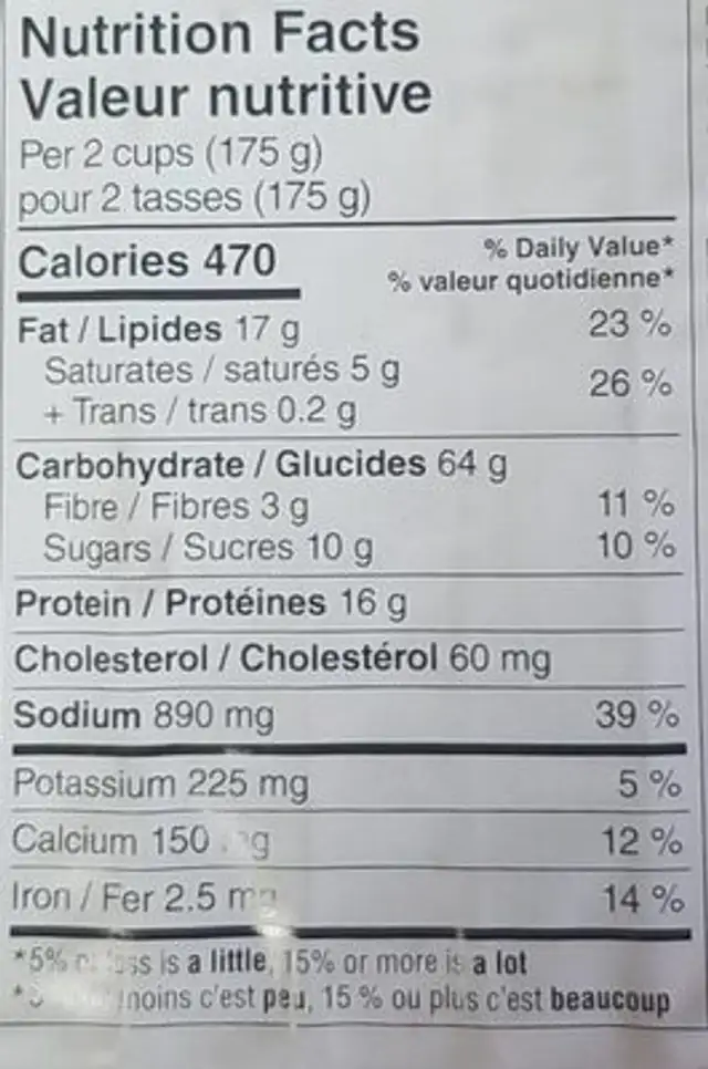 Ricotta and Spinach Girasole nutrition facts table