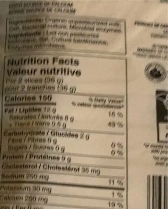 Organic Sliced medium cheddar cheese nutrition facts table