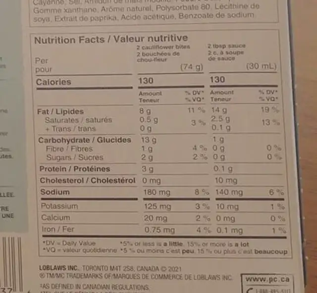 Cauliflower bites nutrition facts table