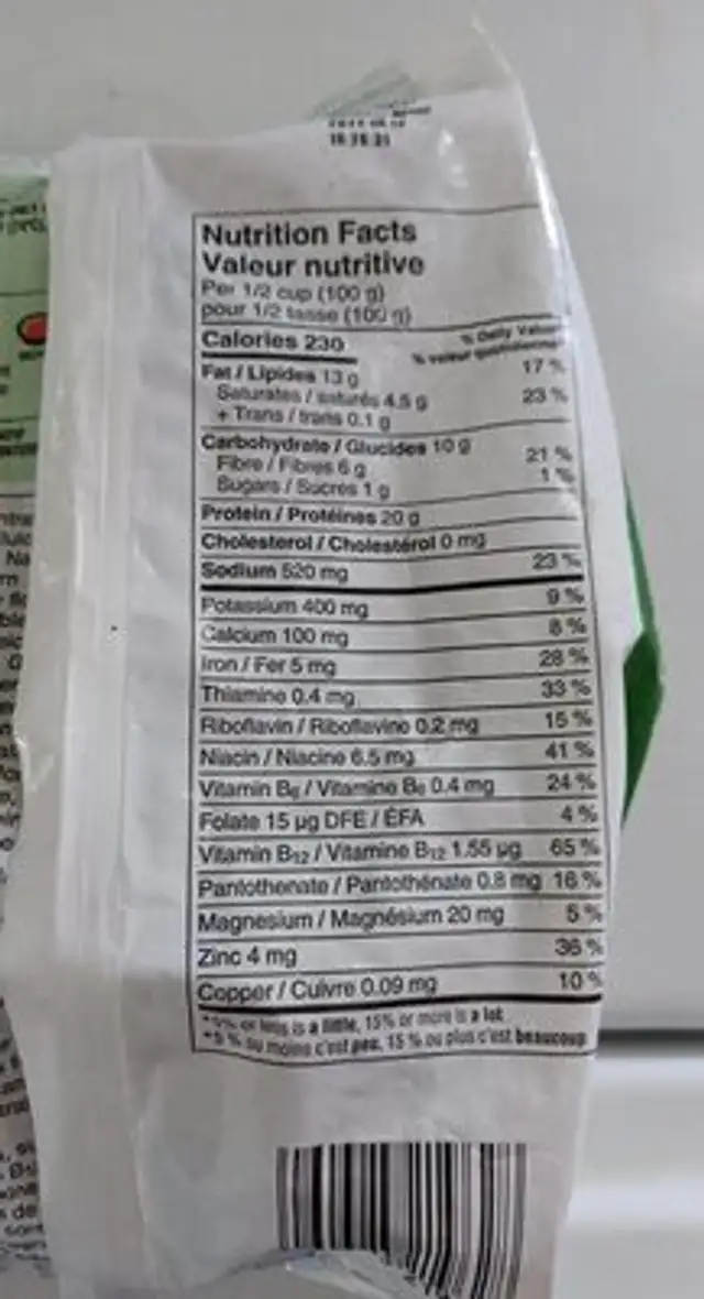Émietté  sans boeuf nutrition facts table