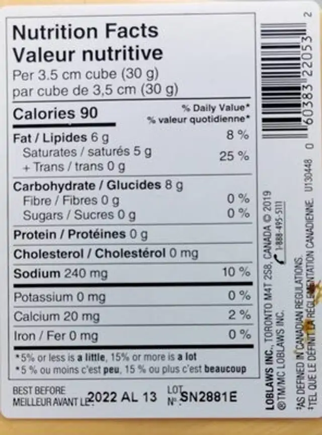 Cheddar style block nutrition facts table