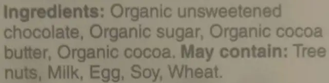 Organic Dark Chocolate ingredients label