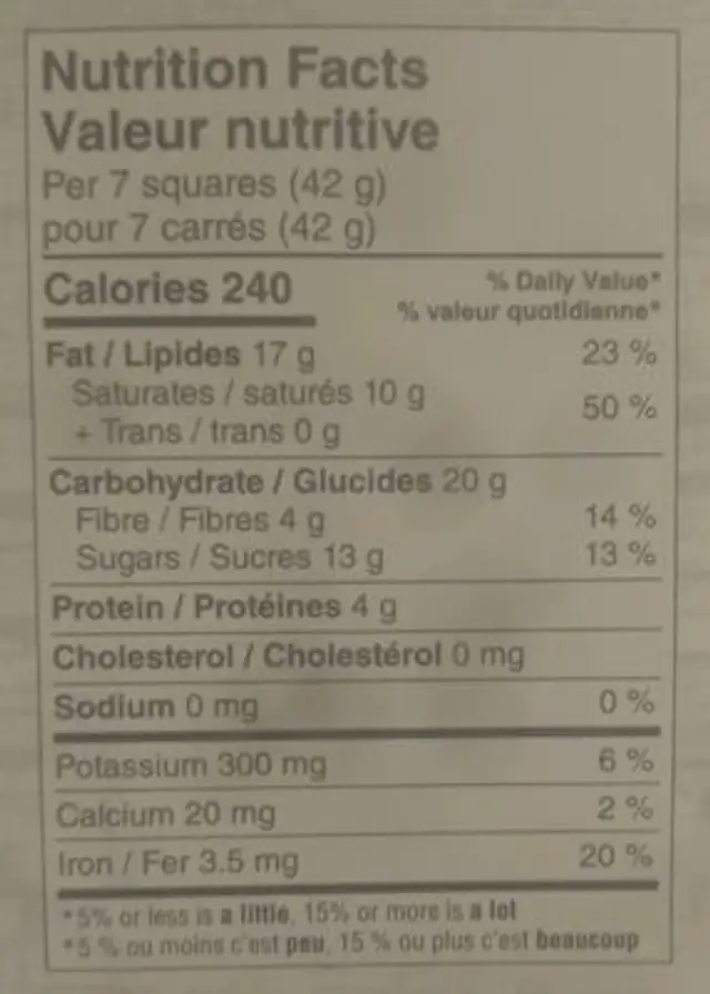 Organic Dark Chocolate nutrition facts table