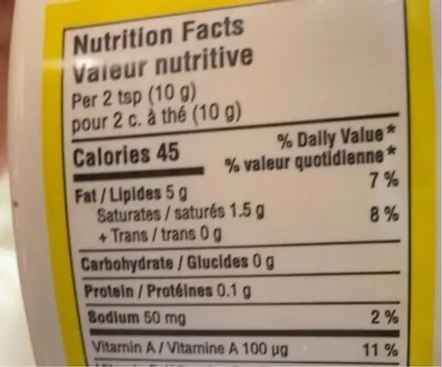 Margarine Spread nutrition facts table