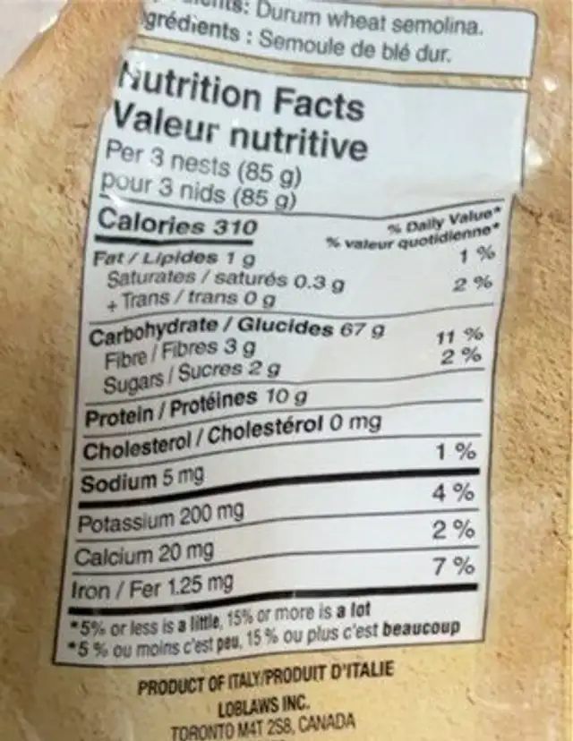 Tagliatelle Nests nutrition facts table
