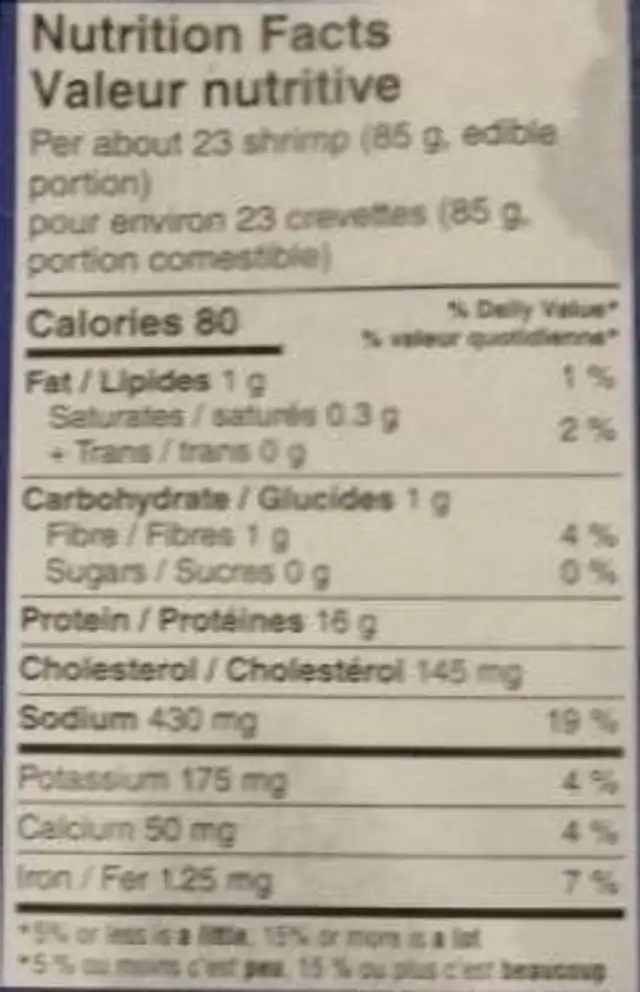 Shrimp ring nutrition facts table