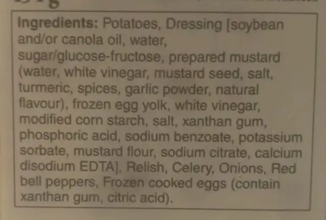 Potato & Egg Salad ingredients label