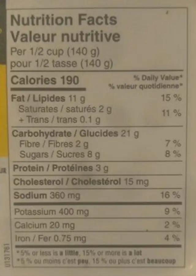 Potato & Egg Salad nutrition facts table