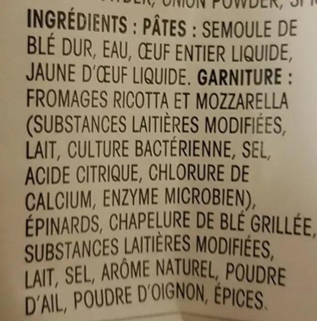 Cheese and spinach ravioli ingredients label