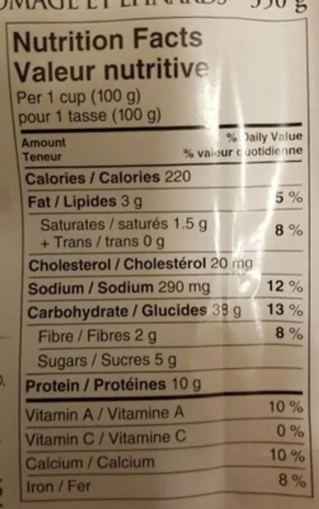 Cheese and spinach ravioli nutrition facts table