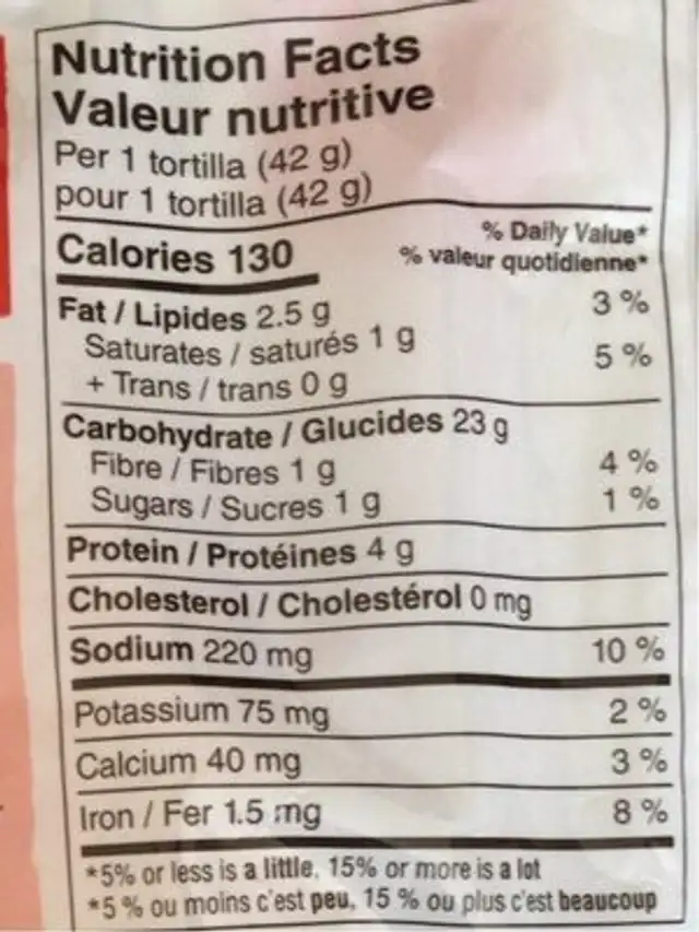 Large soft flour tortillas nutrition facts table