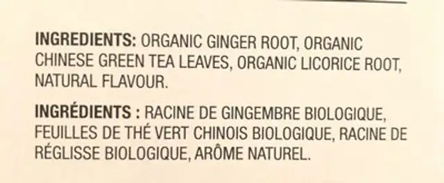 Thé vert Miel et gingembre ingredients label