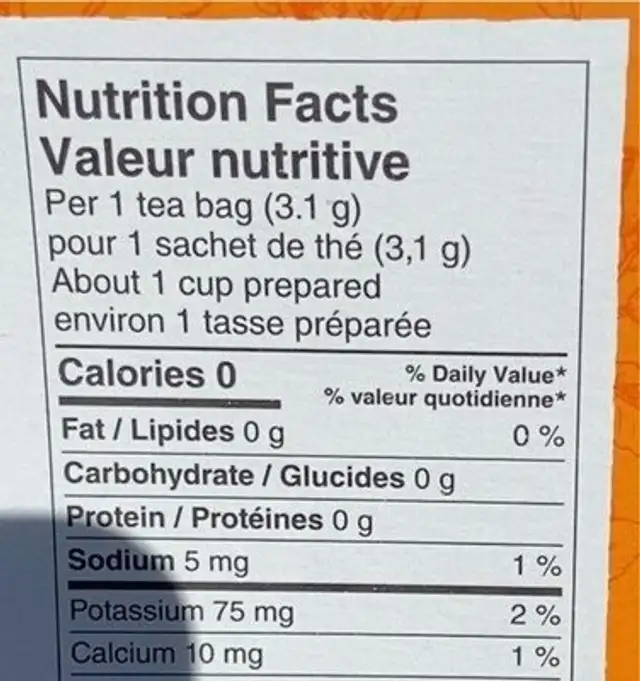 Orange pekoe premium black tea nutrition facts table