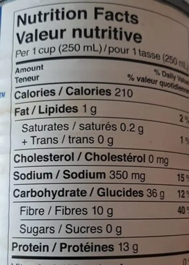 Haricots ronds et blancs nutrition facts table