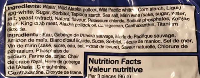 Sea Quest Leg-Style King Crab Flavoured Wild Alaska Pollock & Wild Pacific Whiting ingredients label