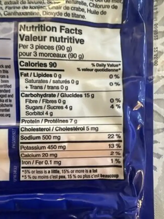 Sea Quest Leg-Style King Crab Flavoured Wild Alaska Pollock & Wild Pacific Whiting nutrition facts table