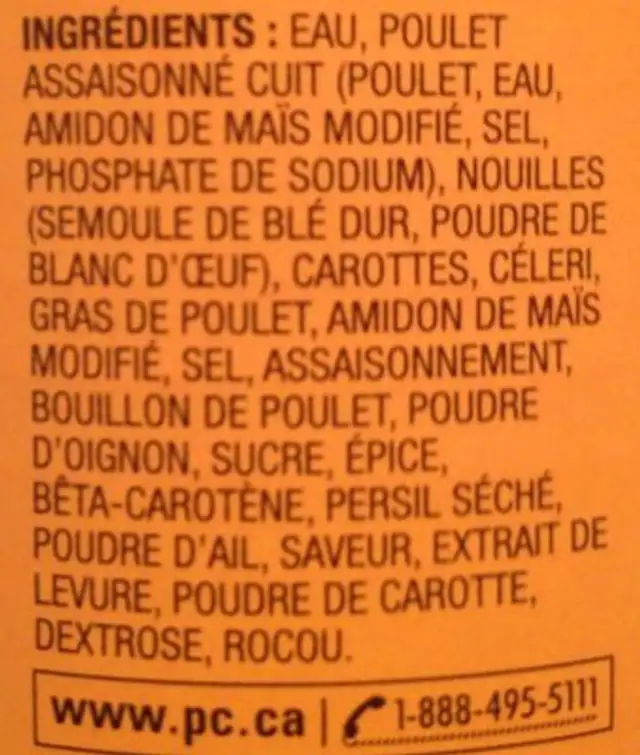 Soupe Poulet et Nouilles ingredients label