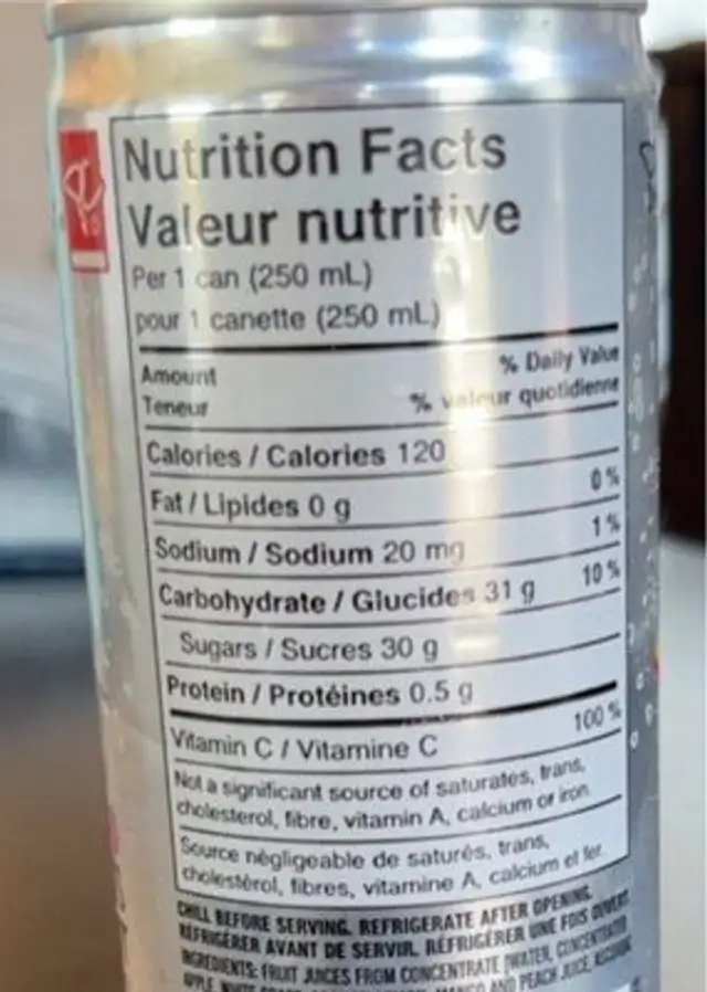 100% sparking fruit juice peach mango nutrition facts table