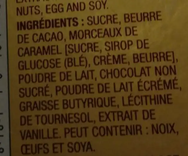 Chocolat Au Lait Avec Morceaux De Caramel PC ingredients label