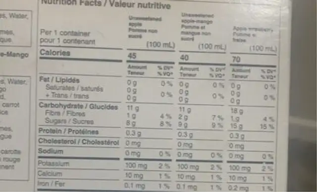 Appletreet variety nutrition facts table