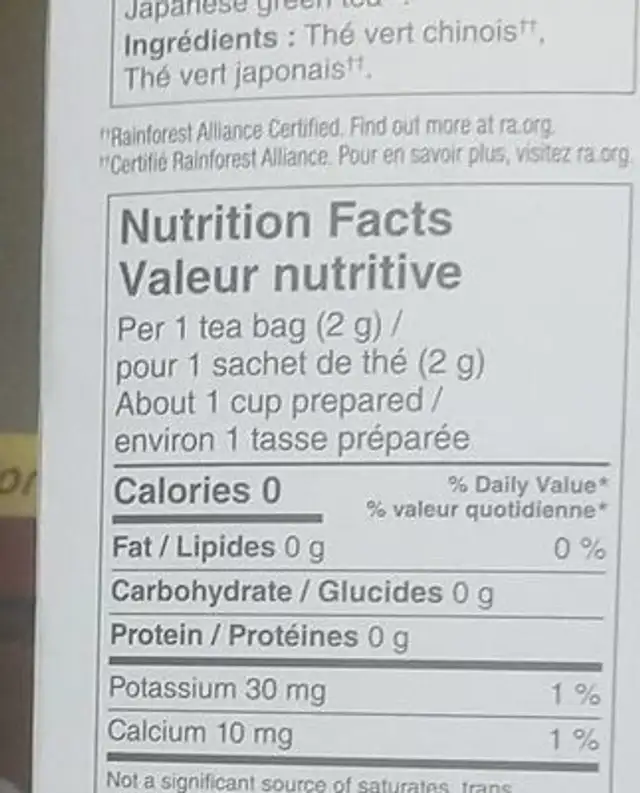 Green Tea nutrition facts table