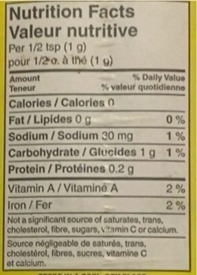 Assaisonement au chili nutrition facts table