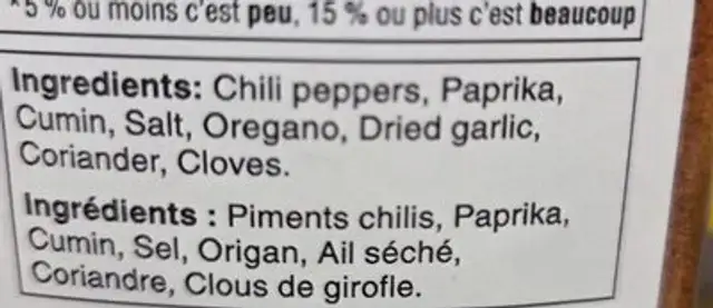 Chili Powder ingredients label