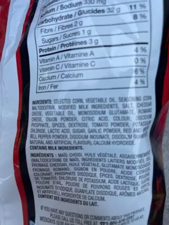 Flamin hot Nacho ingredients label