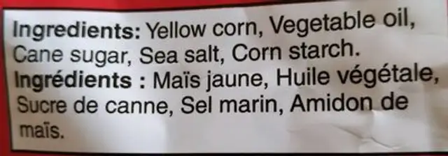 Kettle Popped-Corn Snacks Sweet & Salty ingredients label