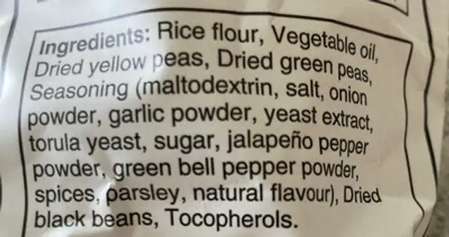Garden Crisps ingredients label