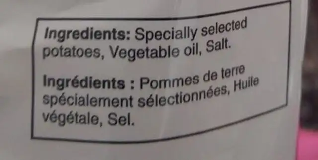 Regular chips ingredients label