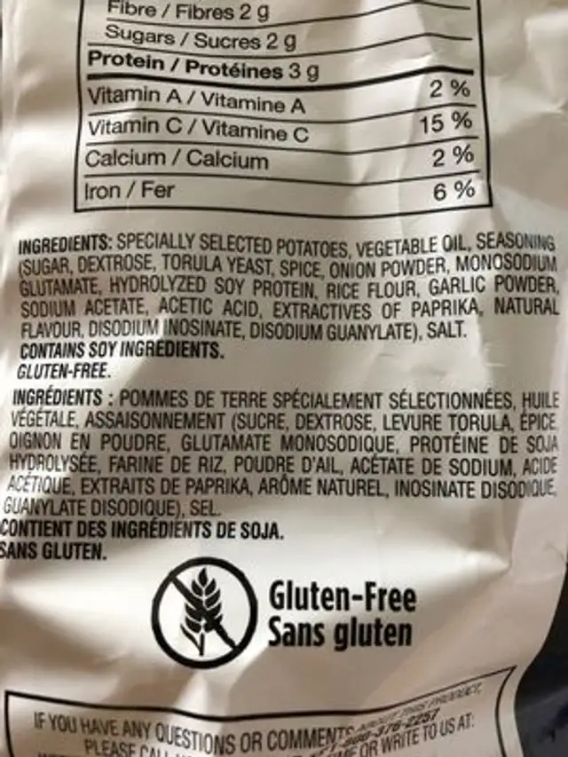 Potato Chips Bar B Q ingredients label