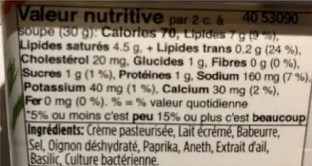 Herbs & Spices Cream Cheese nutrition facts table