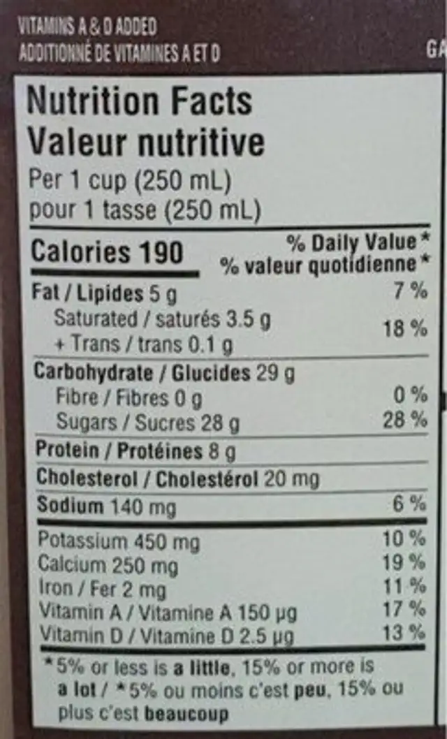 Lait au chocolat nutrition facts table