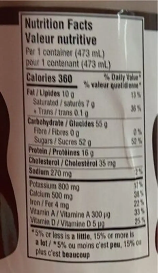 Milk on the Moove Chocolate Partly Skimmed Milk nutrition facts table