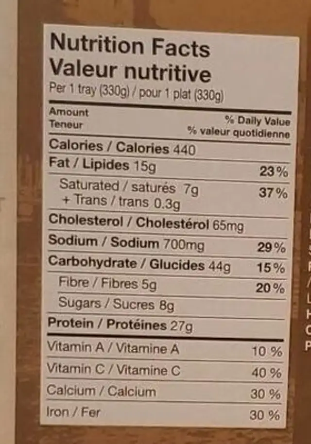 Meat Lasagna nutrition facts table