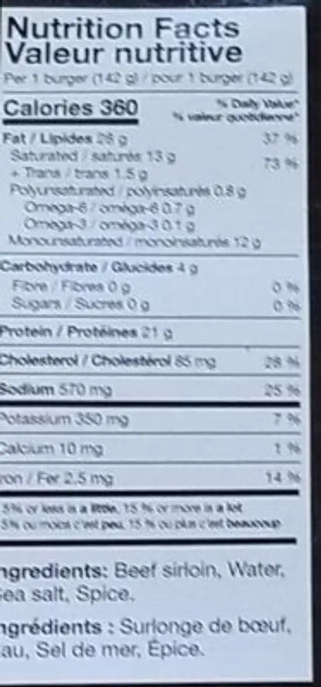 Sirloin Beef Burgers nutrition facts table