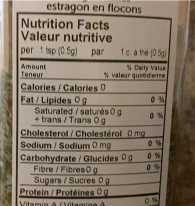 Flocons d’estragon nutrition facts table
