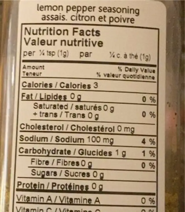 Citron et poivre nutrition facts table