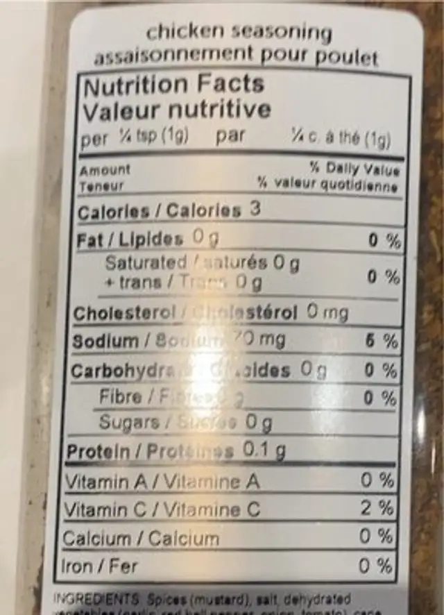 Assaisonnement pour poulet nutrition facts table