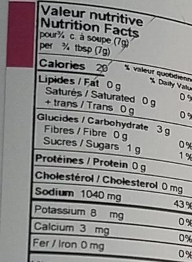 Bouillon légumes nutrition facts table