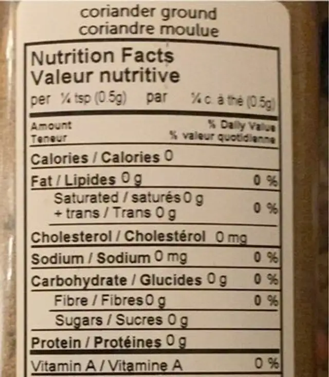 Coriande moulue nutrition facts table