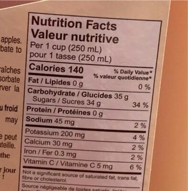 Sweet Apple Cider nutrition facts table