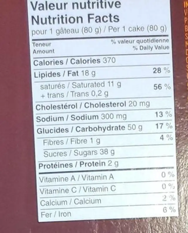 Jos Louis nutrition facts table
