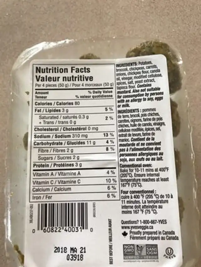 Bouchées de brocoli ingredients label