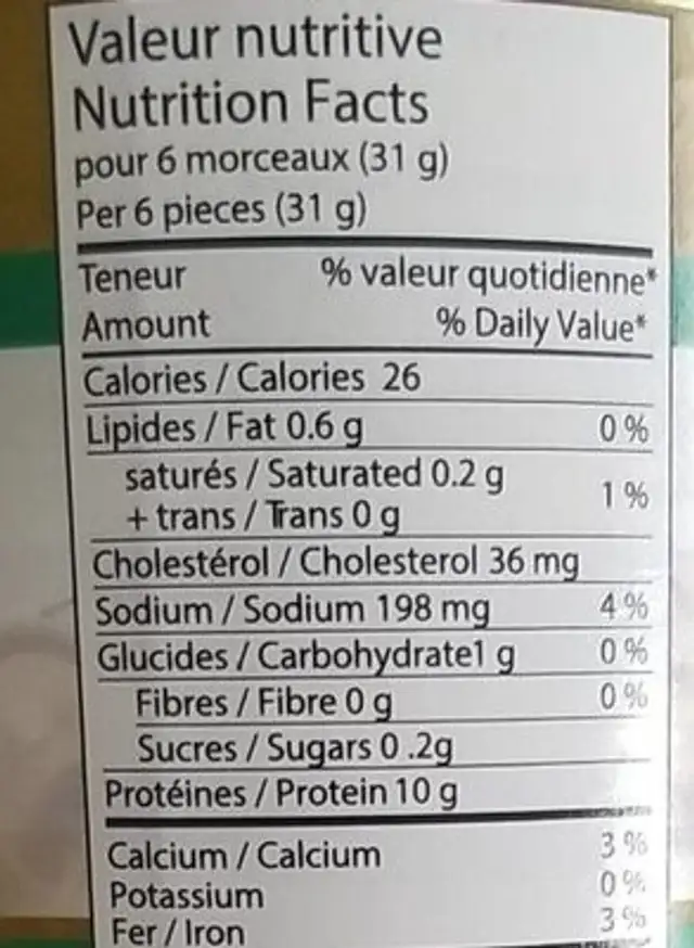 Snails from France nutrition facts table